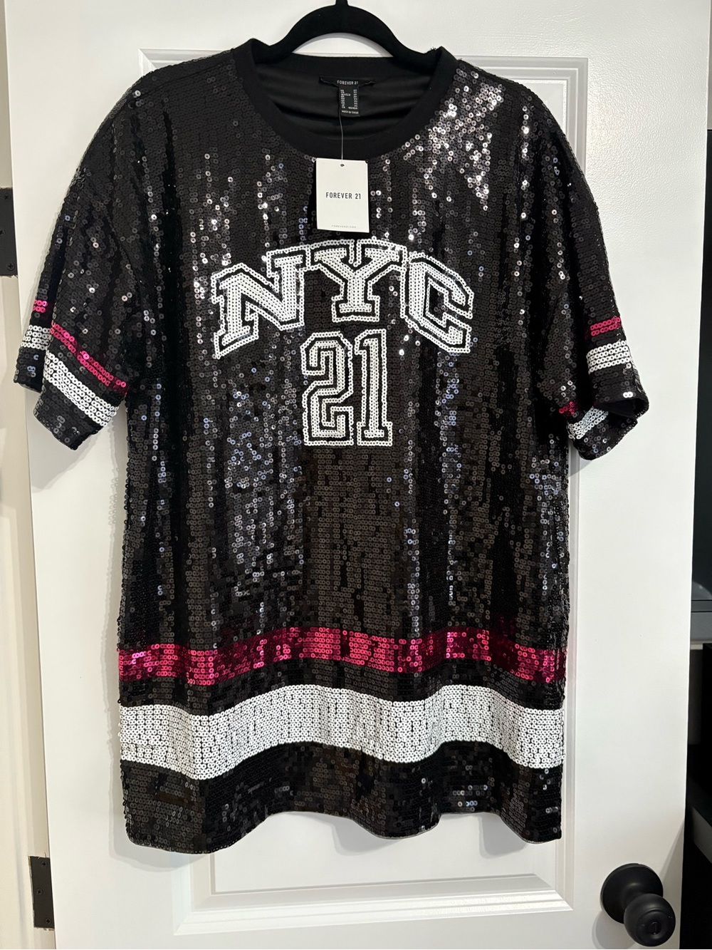 Forever 21 Black Sequin NYC 21 Short Sleeve Tee with Pink & White Stripes